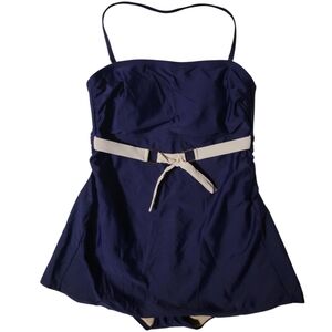 MERONA One Piece Swimsuit Swim Dress Blue White Belt Accent Halter Large